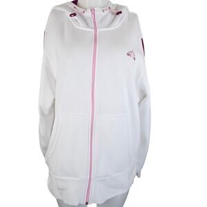 Adidas White Pink Strips Hooded Track Winter Warm Jacket Women's XL